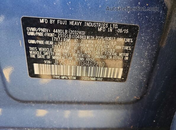 JF2SJAHC7GH462210 2016 SUBARU FORESTER Blue VIN კოდის სტიკერის ხედი