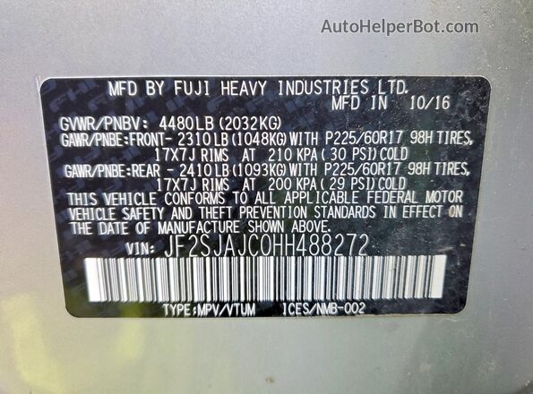 JF2SJAJC0HH488272 2017 SUBARU FORESTER Серебряный Вид наклейки с VIN-кодом
