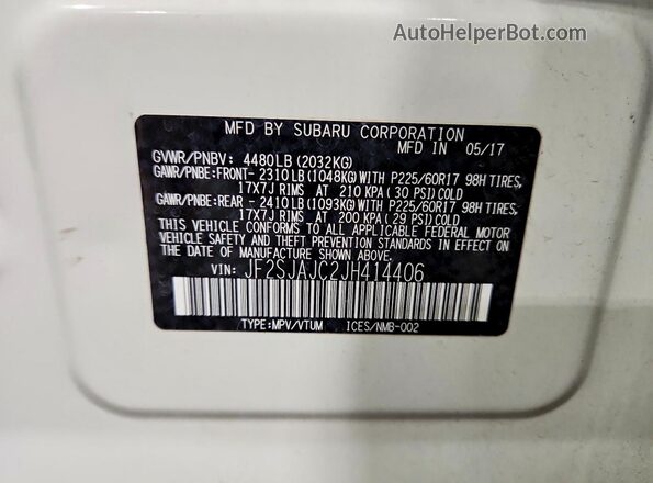 JF2SJAJC2JH414406 2018 SUBARU FORESTER 2.5 Белый Панорамный вид салона 360°
