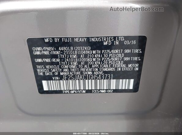 JF2SJAKC1GH543731 2016 SUBARU FORESTER Gold Вид підкапотного простору