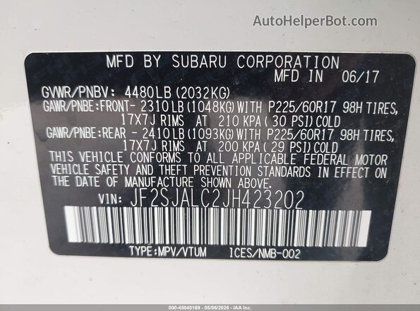 JF2SJALC2JH423202 2018 SUBARU FORESTER 2.5 White Widok komory silnika
