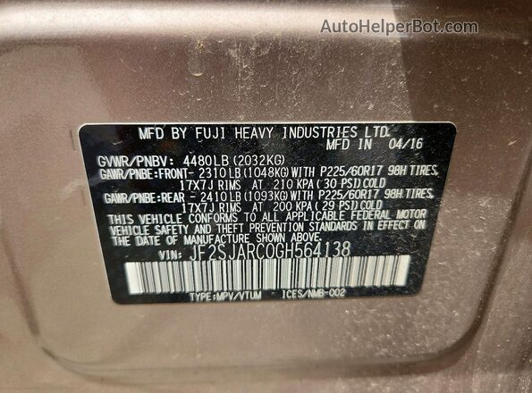JF2SJARC0GH564138 2016 SUBARU FORESTER Желто-коричневый Вид наклейки с VIN-кодом