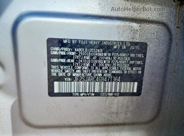 JF2SJARC4GH471364 2016 SUBARU FORESTER Серебряный Вид наклейки с VIN-кодом