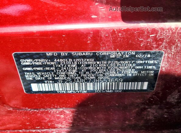 JF2SJARC7JH553659 2018 SUBARU FORESTER Красный Вид наклейки с VIN-кодом