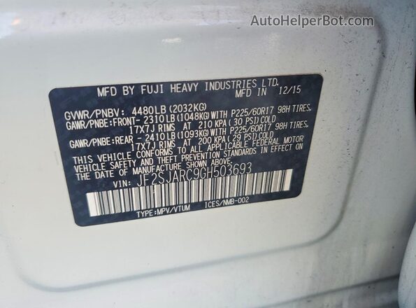 JF2SJARC9GH503693 2016 SUBARU FORESTER Белый Вид наклейки с VIN-кодом