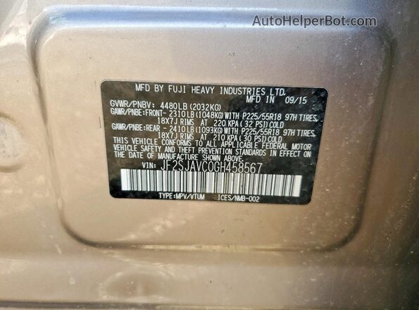 JF2SJAVC0GH458567 2016 SUBARU FORESTER Желто-коричневый Вид наклейки с VIN-кодом