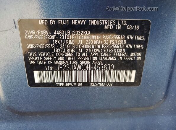 JF2SJAWC0HH453630 2017 SUBARU FORESTER Blue Vista interior de 360 grados