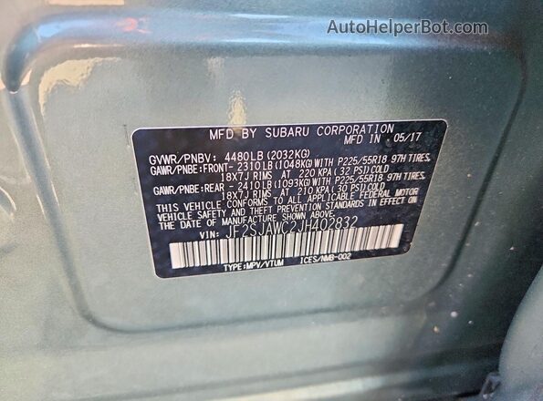 JF2SJAWC2JH402832 2018 SUBARU FORESTER Бирюзовый Вид наклейки с VIN-кодом