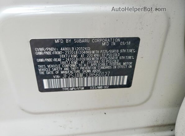 JF2SJAWC3JH560127 2018 SUBARU FORESTER White Widok naklejki z numerem VIN