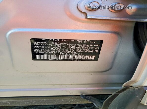 JF2SJAWC4HH587038 2017 SUBARU FORESTER 2.5I TO Серебряный Панорамный вид салона 360°