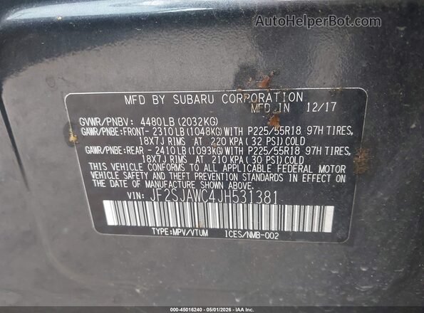 JF2SJAWC4JH531381 2018 SUBARU FORESTER 2.5I TO Серый Вид подкапотного пространства