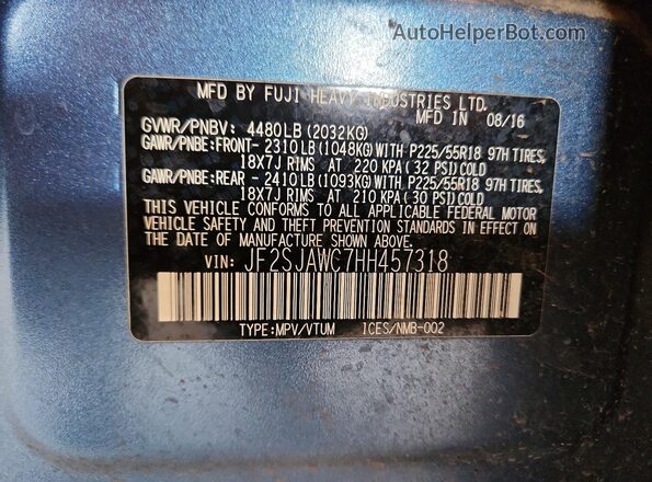 JF2SJAWC7HH457318 2017 SUBARU FORESTER Синий Вид наклейки с VIN-кодом