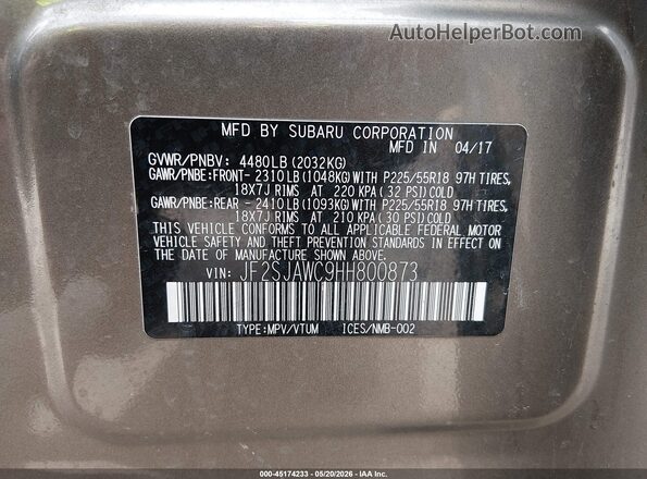 JF2SJAWC9HH800873 2017 SUBARU FORESTER Beige Widok komory silnika