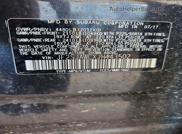 JF2SJAWCXJH443502 2018 SUBARU FORESTER Черный Вид наклейки с VIN-кодом