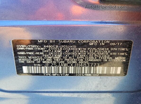 JF2SJAWCXJH483773 2018 SUBARU FORESTER Синий Вид наклейки с VIN-кодом