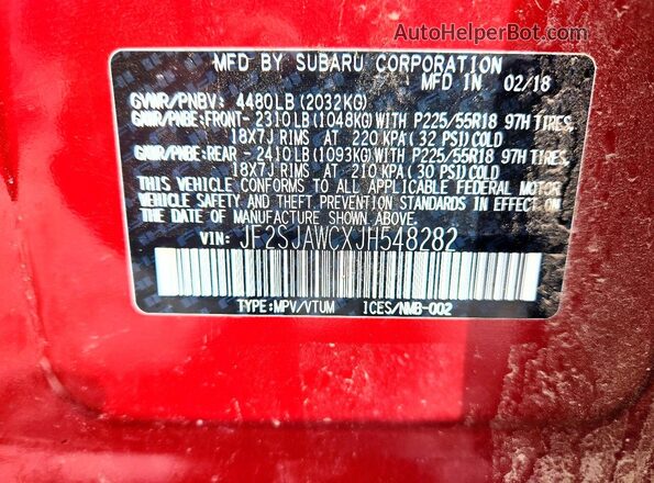 JF2SJAWCXJH548282 2018 SUBARU FORESTER Red VIN sticker view
