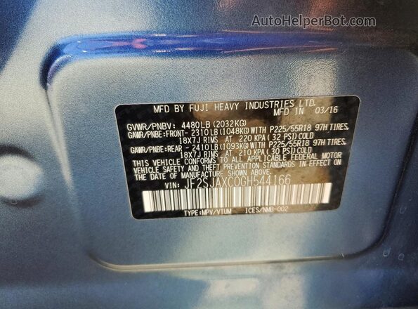 JF2SJAXC0GH544166 2016 SUBARU FORESTER Blue Панорамний вид салону 360°