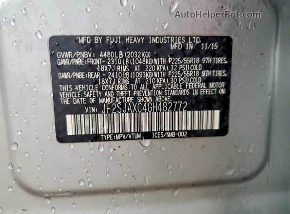 JF2SJAXC4GH482772 2016 SUBARU FORESTER Silver Вид наклейки з VIN-кодом