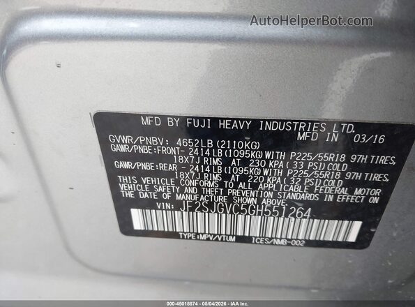 JF2SJGVC5GH551264 2016 SUBARU FORESTER2. Серебряный Вид подкапотного пространства