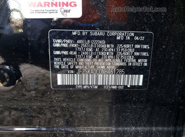 JF2SKADC0NH461285 2022 SUBARU FORESTER Black Вид наклейки з VIN-кодом