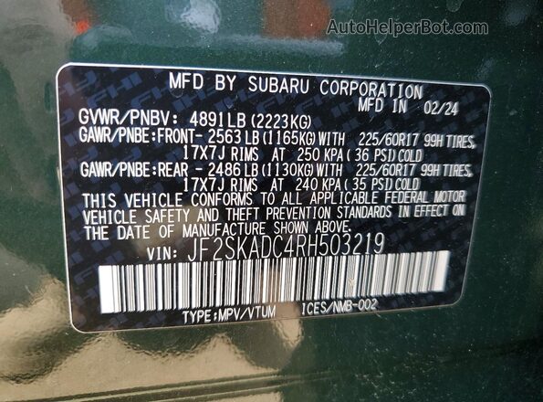 JF2SKADC4RH503219 2024 SUBARU FORESTER Зеленый Вид наклейки с VIN-кодом
