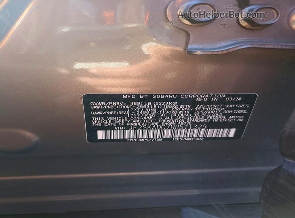 JF2SKADC7RH511329 2024 SUBARU FORESTER Серый Панорамный вид салона 360°