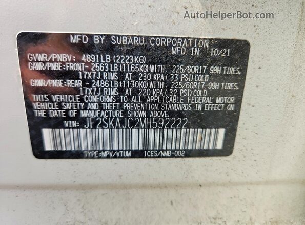 JF2SKAJC2MH592222 2021 SUBARU FORESTER Белый Панорамный вид салона 360°