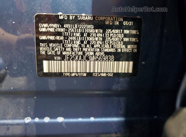 JF2SKAJC3MH569838 2021 SUBARU FORESTER Blue Widok wnętrza 360 stopni
