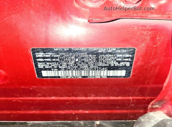 JF2SKAJC9MH531546 2021 SUBARU FORESTER Красный Панорамный вид салона 360°