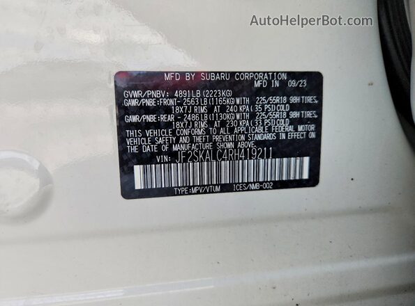 JF2SKALC4RH419211 2024 SUBARU FORESTER White Widok naklejki z numerem VIN