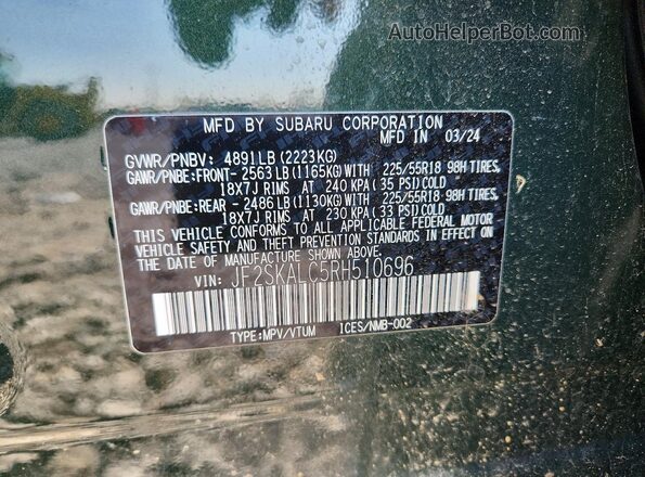 JF2SKALC5RH510696 2024 SUBARU FORESTER Green Vista de la etiqueta del VIN