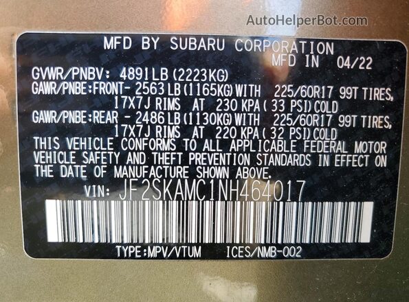 JF2SKAMC1NH464017 2022 SUBARU FORESTER Зеленый Панорамный вид салона 360°