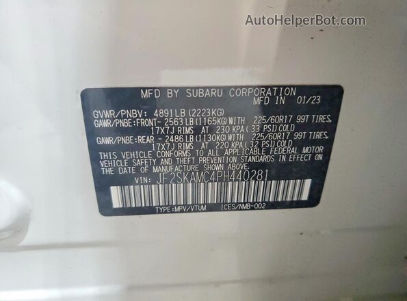JF2SKAMC4PH440281 2023 SUBARU FORESTER Белый Панорамный вид салона 360°