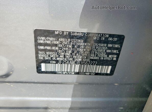 JF2SKAMC7LH562272 2020 SUBARU FORESTER Серебряный Вид наклейки с VIN-кодом