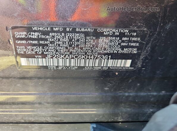 JF2SKAPC6KH475361 2019 SUBARU FORESTER Угольный Вид наклейки с VIN-кодом