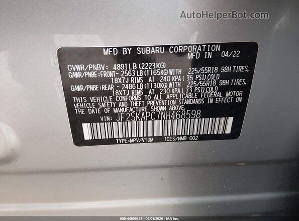 JF2SKAPC7NH468598 2022 SUBARU FORESTER Серебряный Вид подкапотного пространства