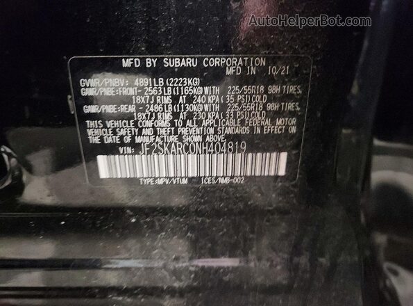 JF2SKARC0NH404819 2022 SUBARU FORESTER Черный Вид наклейки с VIN-кодом