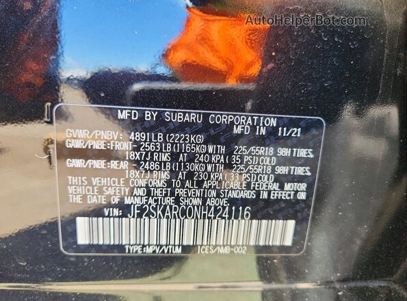 JF2SKARC0NH424116 2022 SUBARU FORESTER Черный Панорамный вид салона 360°