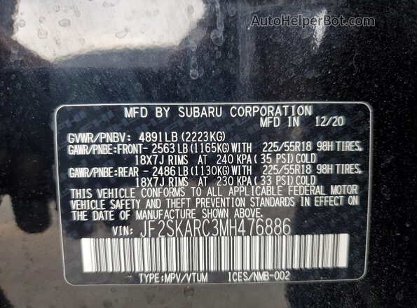 JF2SKARC3MH476886 2021 SUBARU FORESTER Черный Вид наклейки с VIN-кодом