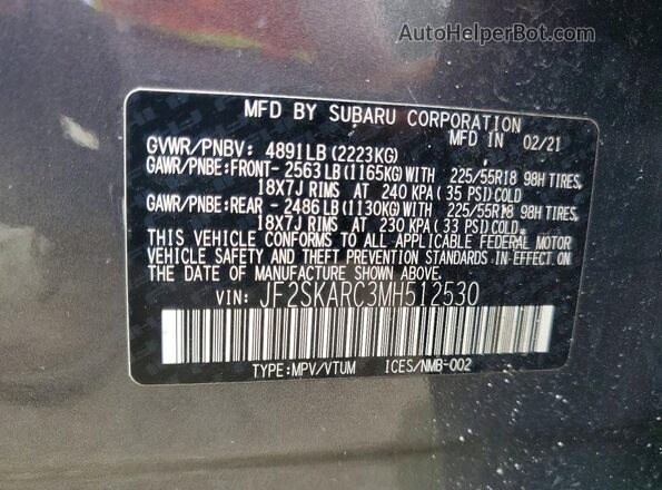 JF2SKARC3MH512530 2021 SUBARU FORESTER Серый Панорамный вид салона 360°