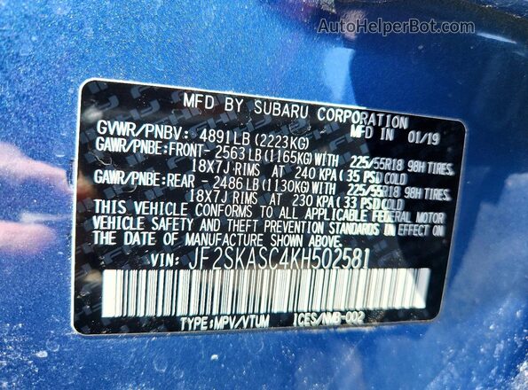 JF2SKASC4KH502581 2019 SUBARU FORESTER Синий Вид наклейки с VIN-кодом