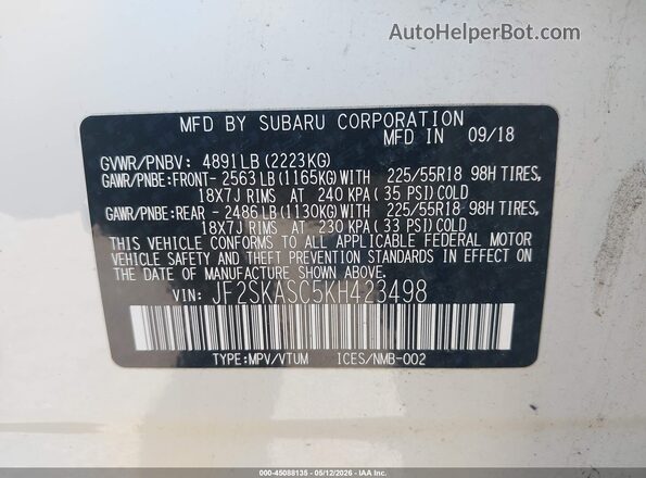 JF2SKASC5KH423498 2019 SUBARU FORESTER Белый Вид подкапотного пространства