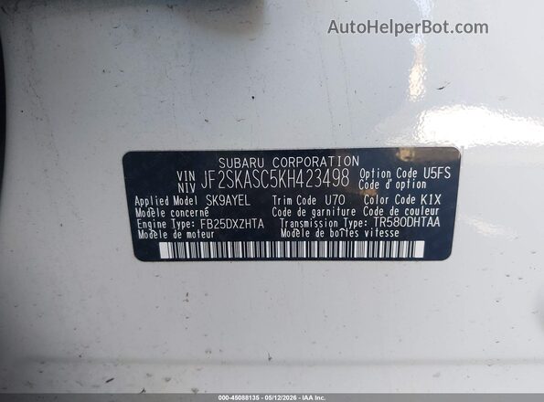 JF2SKASC5KH423498 2019 SUBARU FORESTER Белый 