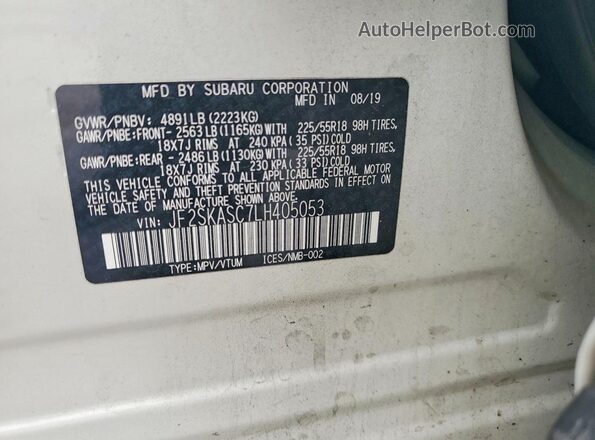 JF2SKASC7LH405053 2020 SUBARU FORESTER Белый Панорамный вид салона 360°