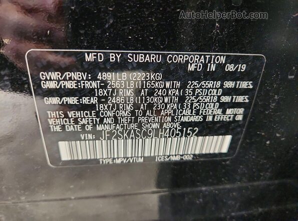 JF2SKASC9LH405152 2020 SUBARU FORESTER Black VIN კოდის სტიკერის ხედი
