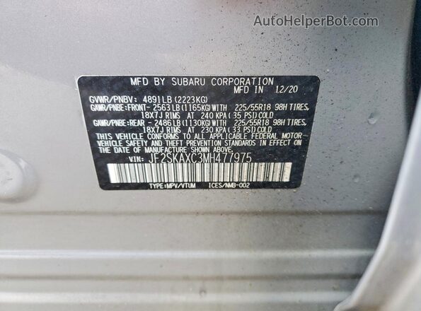 JF2SKAXC3MH477975 2021 SUBARU FORESTER Silver Սալոնի 360 աստիճան տեսք