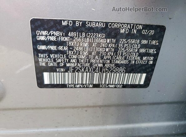 JF2SKAXC4LH529886 2020 SUBARU FORESTER Серебряный Вид наклейки с VIN-кодом