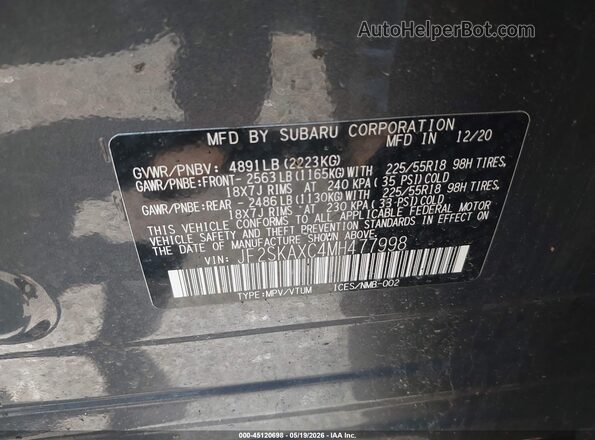 JF2SKAXC4MH477998 2021 SUBARU FORESTER Gray ძრავის განყოფილების ხედი