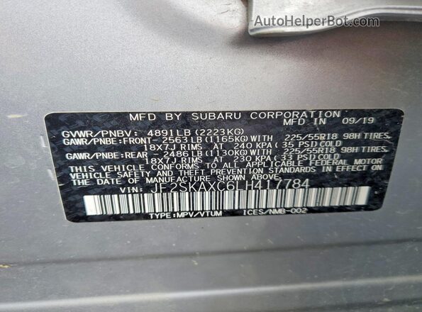 JF2SKAXC6LH417784 2020 SUBARU FORESTER Серебряный Вид наклейки с VIN-кодом