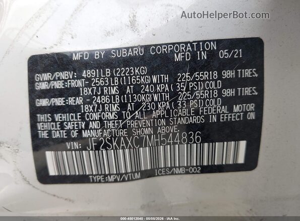 JF2SKAXC7MH544836 2021 SUBARU FORESTER2. White Engine compartment view